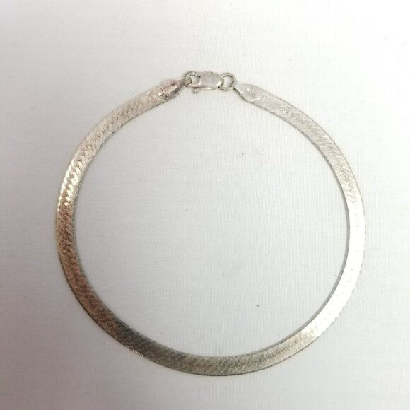Vintage Sterling Silver Flat Herringbone Chain Bracelet, 925 Made in Italy - Picture 7 of 8